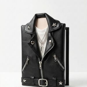 Black Faux Leather Biker Jacket Book Cover with Silver Accents